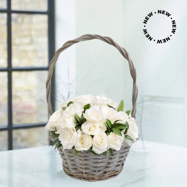 Peral flower basket, white roses flower basket delivery in London UK. roxanas flowers. www.roxanas.co.uk
