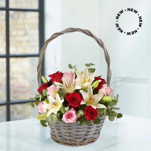 The cherished red and pink theme flower basket delivery. roxanas flowers www.roxanas.co.uk