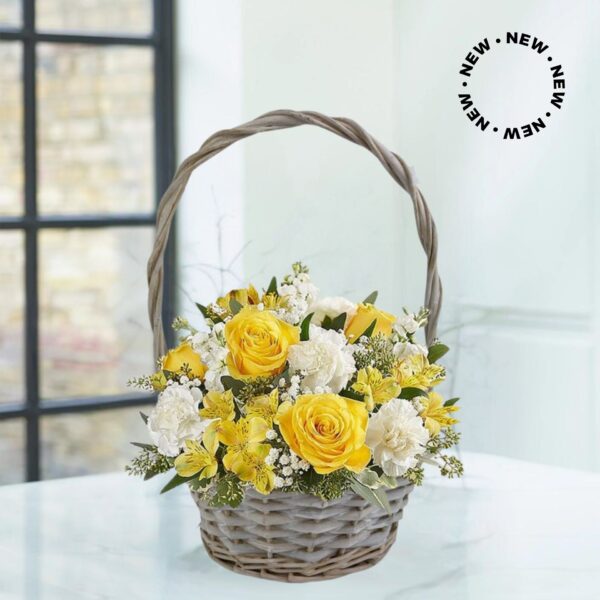 The saffron flower basket, yellow theme flower basket delivery. roxanas flowers www.roxanas.co.uk